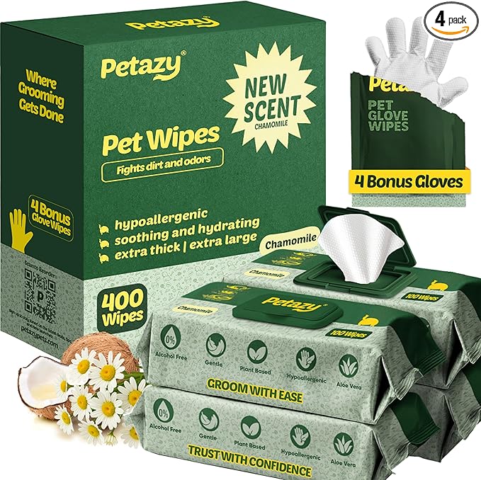 Petazy Pet Wipes for Dogs and Cats – 400 Count (8x8in) Hypoallergenic, Deodorizing Dog Wipes for Paws, Ears and Butt | XL with Aloe & Coconut Oil, Chamomile Scented | Includes 4 Grooming Glove Wipes