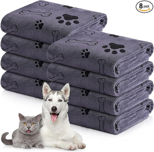 Chumia 8 Pcs Dog Towels for Drying Dogs Cats Pet Towels Bulk Puppy Microfiber Fast Drying Paw Bath Bathing Supplies Absorbent for Medium Pets(40 x 24 Inch,Dog Paw and Bone,Gray)