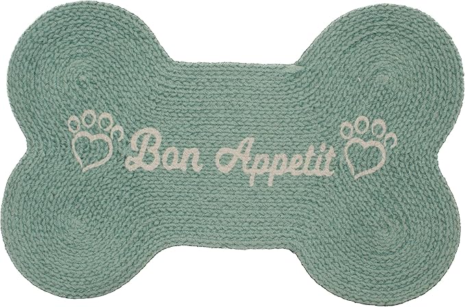 Decorative Dog Feeding Mat/Rug for Bowl Natural Cotton Easy Clean Bon Appetit Bone Shaped 15" x 23" Sterling Blue