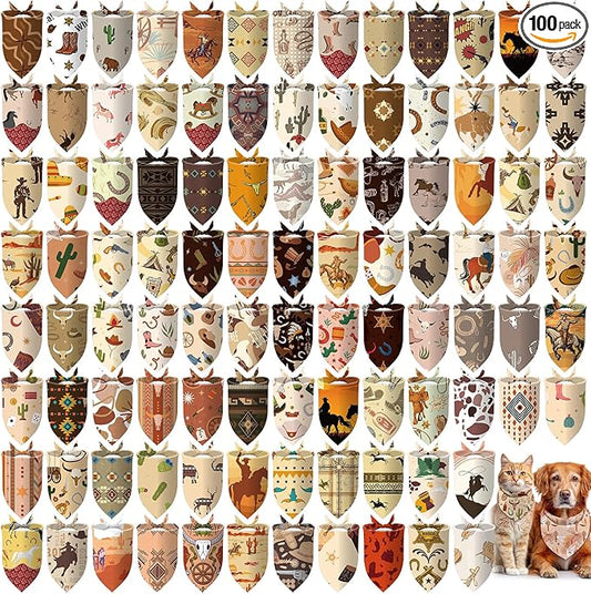 Huhumy 100 Pcs Cowboy Dog Bandanas Bulk Pet Bibs Colorful Triangle Scarf Western Pet Bandanas for Medium Large Dogs Western Cowboy Halloween Party Costume Decor