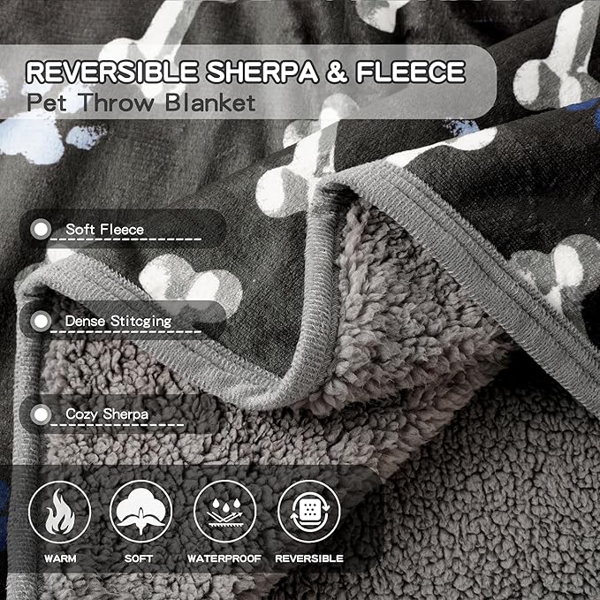Waterproof Dog Blankets Pet Blanket 60"x80", Soft Fluffy Sofa Car Bed Protector, Reversible Sherpa Fleece Dog Blanket for Large Dogs(Navy Paws)