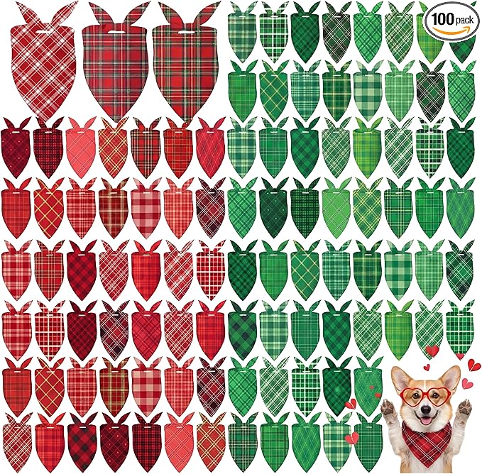 Abbylike 100 Pcs St. Patrick's Day Dog Bandanas Bulk Green Plaid Bandanas for Dogs Triangle Kerchief Bib Scarf for Pet Irish Holiday Costume Photo Props Accessories (25.6 x 17.7 x 17.7)