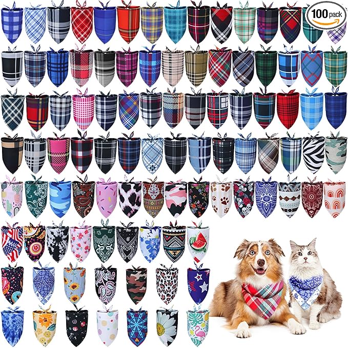 Huhumy 100 Pcs Plaid Dog Bandanas Bulk Pet Bibs Colorful Triangle Scarf Plaid Pet Bandanas for Medium Large Dogs Spring Summer Birthday Costume Decoration