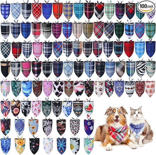 Huhumy 100 Pcs Plaid Dog Bandanas Bulk Pet Bibs Colorful Triangle Scarf Plaid Pet Bandanas for Medium Large Dogs Spring Summer Birthday Costume Decoration