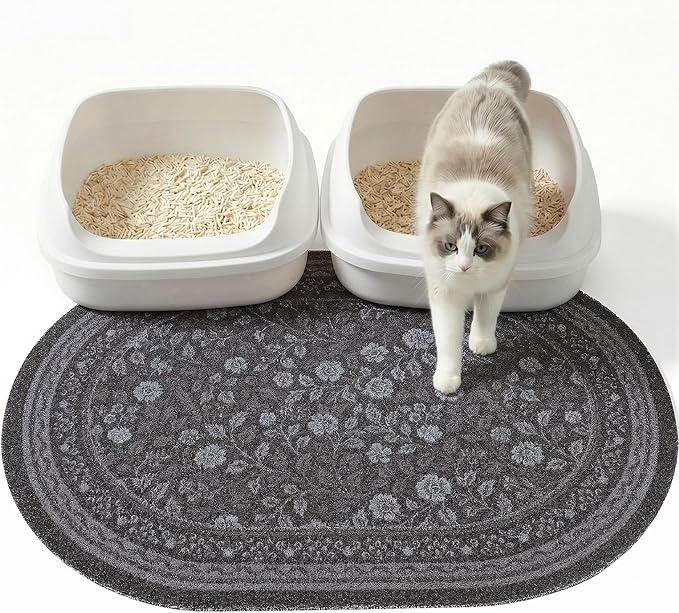 Bienbee Cat Litter Mat, 33" x 22" Large Size Litter Box Mat Rug with Non-Slip Bottom,Urine and Water Proof, Easy to Clean Cat Supplies Essentials for Indoor Kitty Kitten Floor, Gray Flowers L
