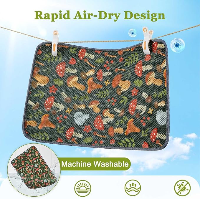 Unicorn Catcher 40X30in Cat Litter Mat Machine Washable Soft 3D Air Mesh Litter Box Rug Non-Slip Backing Quick Dry Scatter Control for Paws,Green Mushrooms