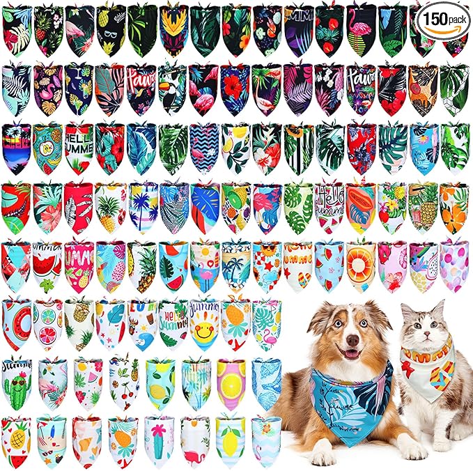 Huhumy 150 Pcs Hawaiian Dog Bandanas Bulk Pet Bibs Colorful Triangle Scarf Pet Bandanas for Medium Large Dogs Hawaiian Summer Luau Party Birthday Costume Decor