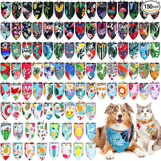 Huhumy 150 Pcs Hawaiian Dog Bandanas Bulk Pet Bibs Colorful Triangle Scarf Pet Bandanas for Medium Large Dogs Hawaiian Summer Luau Party Birthday Costume Decor
