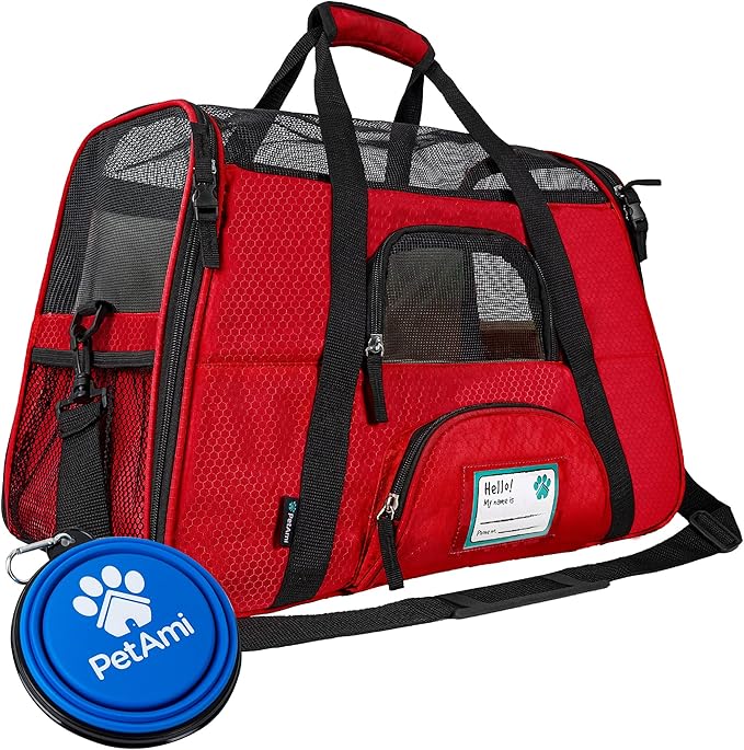 PetAmi Airline Approved Pet Carrier for Cats & Small Dogs, Soft Sided TSA Travel Carrier Bag with Sherpa Bed, Breathable Mesh Ventilation, Collapsible Bowl, Fits Under Seat, Up to 18 lbs, Large Red