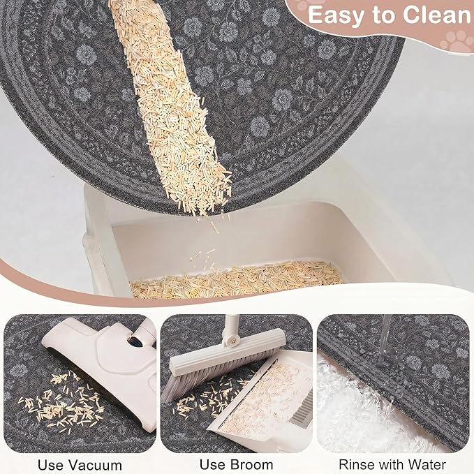 Bienbee Cat Litter Mat, 33" x 22" Large Size Litter Box Mat Rug with Non-Slip Bottom,Urine and Water Proof, Easy to Clean Cat Supplies Essentials for Indoor Kitty Kitten Floor, Gray Flowers L