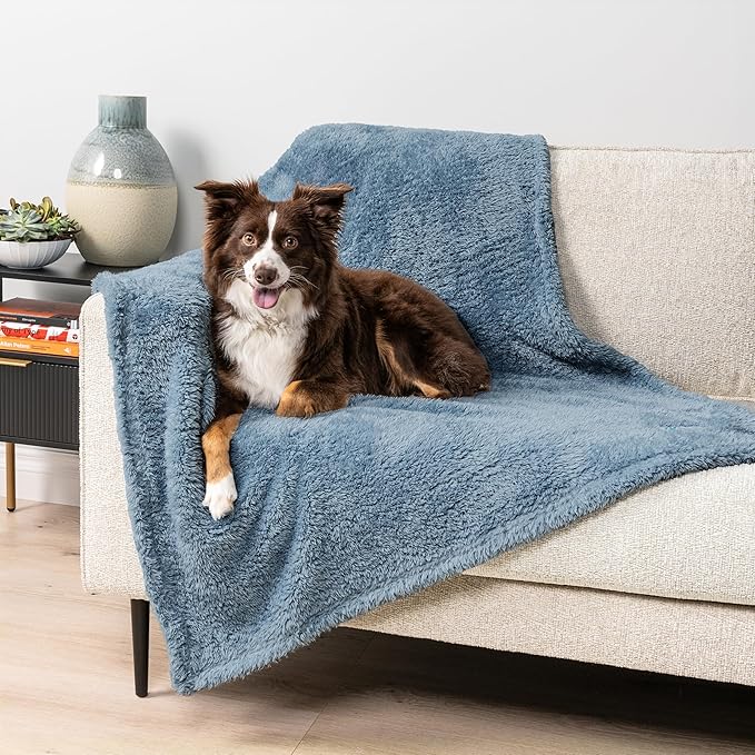 PetAmi Fluffy Waterproof Dog Blanket for Couch and Bed, Reversible Sherpa Pet Throw, Pee Proof Furniture Protector Sofa Cover, Washable Cat Blanket for Small Medium Dogs and Cats (Dusty Blue, 24x32)