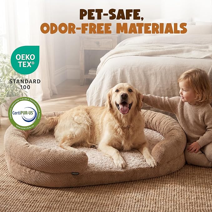Orthopedic Dog Bed for Large Dogs, XL 48 Inches Oval Pet Bed with Memory Foam, Removable Washable Cover, Bolstered Sides, Thick Supportive, Designed for Senior Dogs, Camel