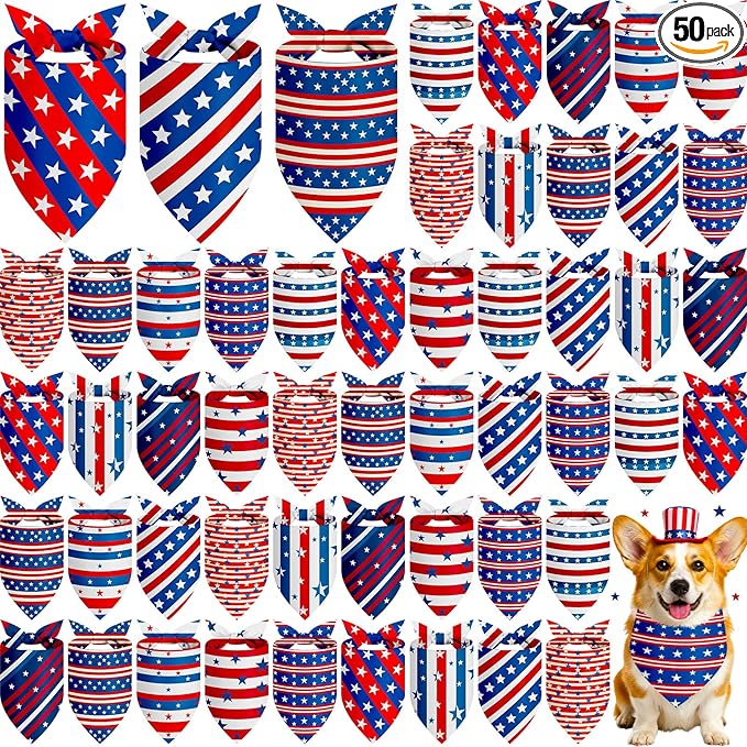 Weewooday 50 Pcs 4th of July Dog Bandanas Bulk for Patriotic 250th Anniversary, Red White Blue Striped Star Triangle Scarf for USA Memorial Small Medium Large(Striped Star, 25.6 x 17.7 x 17.7 Inch)