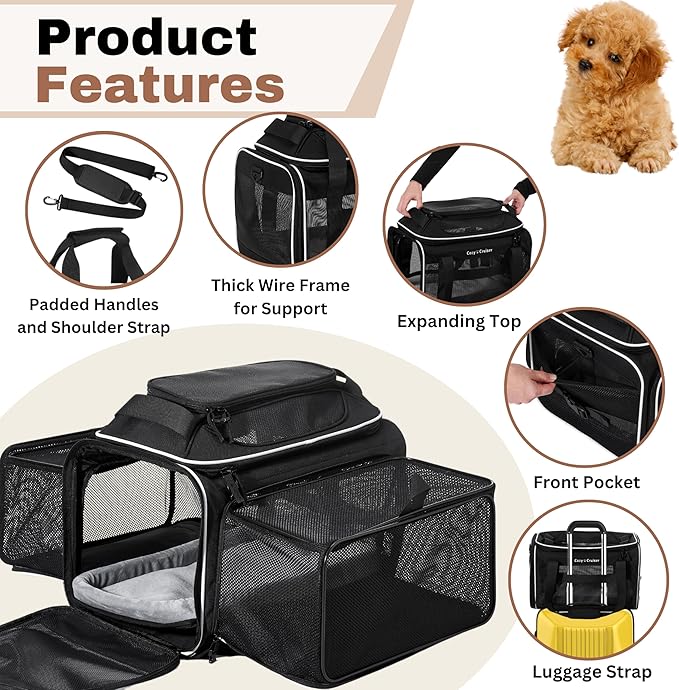 Airline Approved Top-Expanding Pet Carrier on Wheels- Extra Spacious Soft Lined Carrier! 18x11x11 (Expanding Sides)