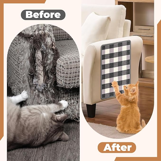 Cat Scratcher Mat, Natural Sisal Cat Scratch Pad, 23.6x15.7 Inch Horizontal Cat Floor Scratching Pads Rug with Hook & Loop（Black White）
