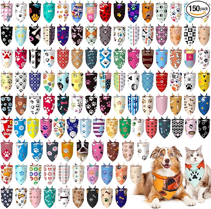 Huhumy 150 Pcs Paw Dog Bandanas Bulk Pet Bibs Colorful Triangle Scarf Pet Paw Bandanas for Medium Large Dogs Spring Summer Birthday Costume Decoration
