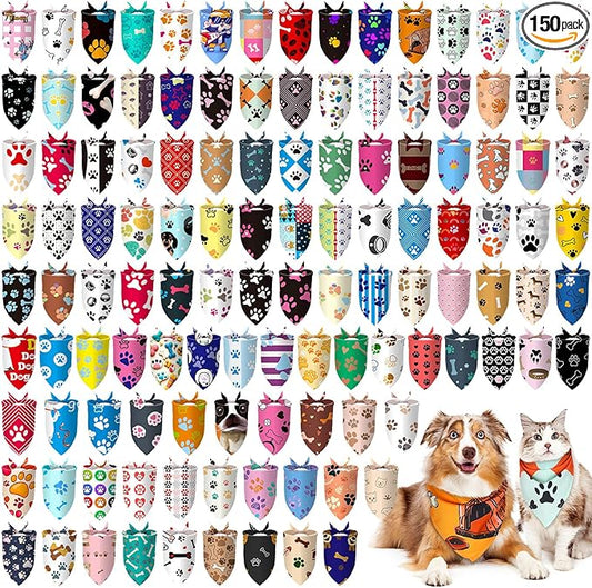 Huhumy 150 Pcs Paw Dog Bandanas Bulk Pet Bibs Colorful Triangle Scarf Pet Paw Bandanas for Medium Large Dogs Spring Summer Birthday Costume Decoration