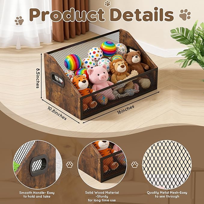 Piskyet Wood Dog Toy Basket,Dogs Storage Organizer,Dog Toy Box,Dogs Toys Bin,Large Cat Toys Basket Box for Living Room Area Wooden Organizing Storage(Rustic Brown)