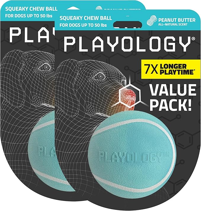 Playology Dog Toys | Squeaky Chew Ball for Dogs, Value 2-Pack | Peanut Butter Scented Medium Dog Balls | Bouncy Floating Chew Toys for Fetch