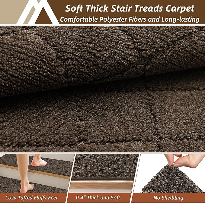 COSY HOMEER Stair Treads for Wooden Steps 11"x30" Washable Indoor Carpet Stair Treads Non Slip Soft Polyester Stair Carpet Tread Reusable Stair Runner Rugs for Kids, Elders,Pets,Brown,15pcs