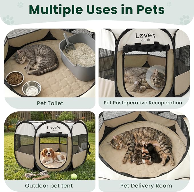Love's cabin Dog Playpen with Washable Pee Pad, Puppy Pet Cat Playpen Small Dogs Tent Crate Indoor/Outdoor, Portable Pop Up Kennel with Carrying Case for Cats/Rabbits(Khaki,Small with pad)