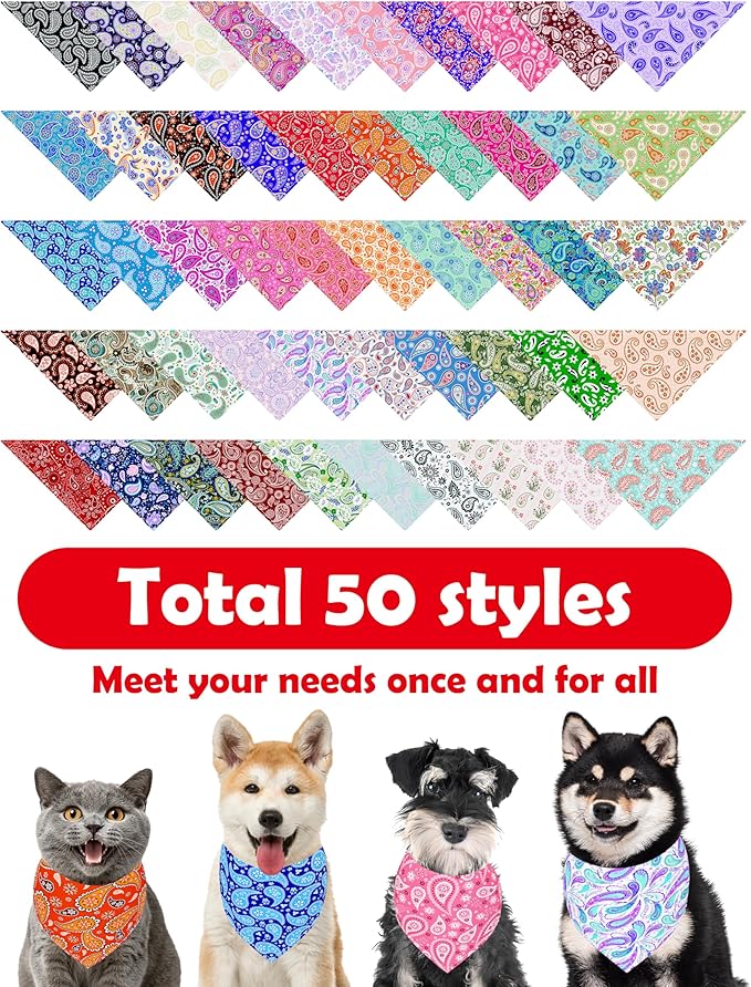 PET SHOW 50 Pack Big Paisley Dog Bandanas Bulk XL Dog Scarves Floral Bibs Kerchief Set for Medium Large Dogs Girl Boy Pet Holiday Party Grooming Accessories