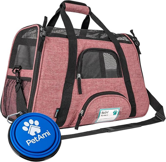 PetAmi Airline Approved Pet Carrier for Cats & Small Dogs, Soft Sided TSA Travel Carrier Bag with Sherpa Bed, Breathable Mesh Ventilation, Collapsible Bowl, Up to 18 lbs, Small Heather White Red