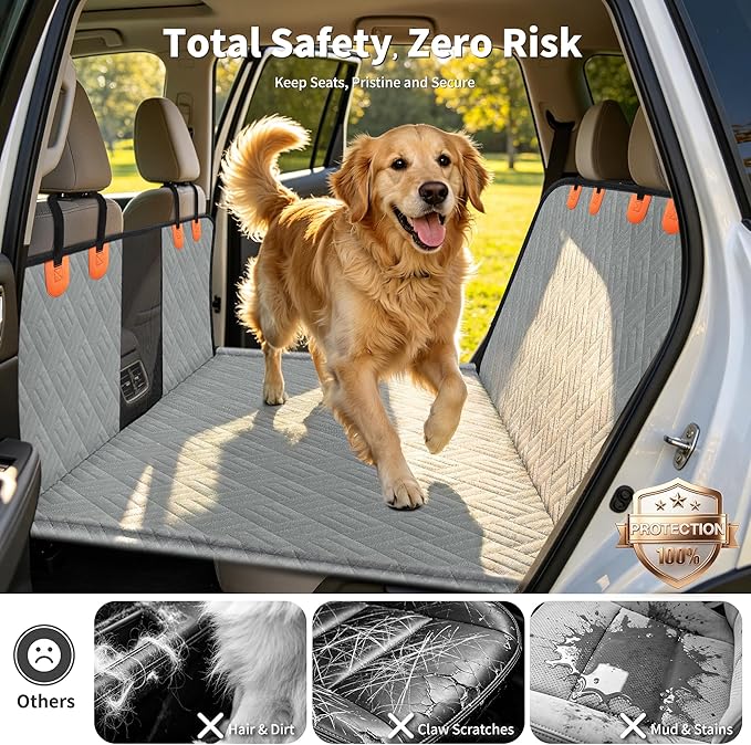 HOTEAGLE Dog Seat Cover Hard Bottom, 3-Section Design for Full-Size Trucks & SUVs, Waterproof & Nonslip Car Hammock for Large Dogs, Pet Truck Extender Cover, Spacious Space(+ 45%) Grey