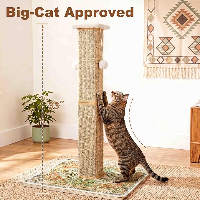 Tall Cat Scratching Post for Indoor Cats Adults, 33'' Large Cat Scratch Post with Perch, Cute Cat Scratching Post with Boho Carpet ＆ Dangling Ball Toys, Green