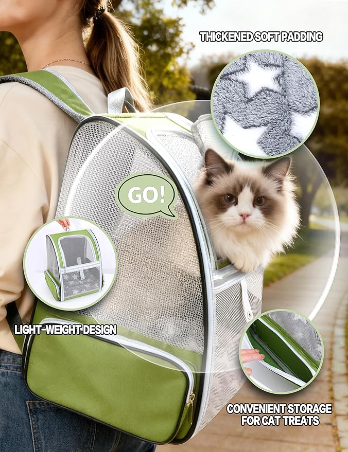 Cat Backpack Carrier with Washable Bed Mat Breathable Cat Carrier Large Space Medium Small Dog Puppy Kitty Ventilated Mesh Pet Backpack for Cats Travel Walking Outdoor Use(Green 13.8" Lx11.4 Wx16 H)