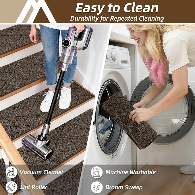 COSY HOMEER Stair Treads for Wooden Steps 11"x30" Washable Indoor Carpet Stair Treads Non Slip Soft Polyester Stair Carpet Tread Reusable Stair Runner Rugs for Kids, Elders,Pets,Brown,15pcs