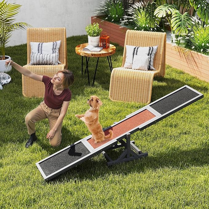 PETSITE Wooden Dog Agility Seesaw, Dog Exercise & Play Set, Outdoor Run Game Toy, Climbing Platform Balance Training Equipment, Weatherproof Pet Supplies for Backyard Obstacle Courses (Grey)