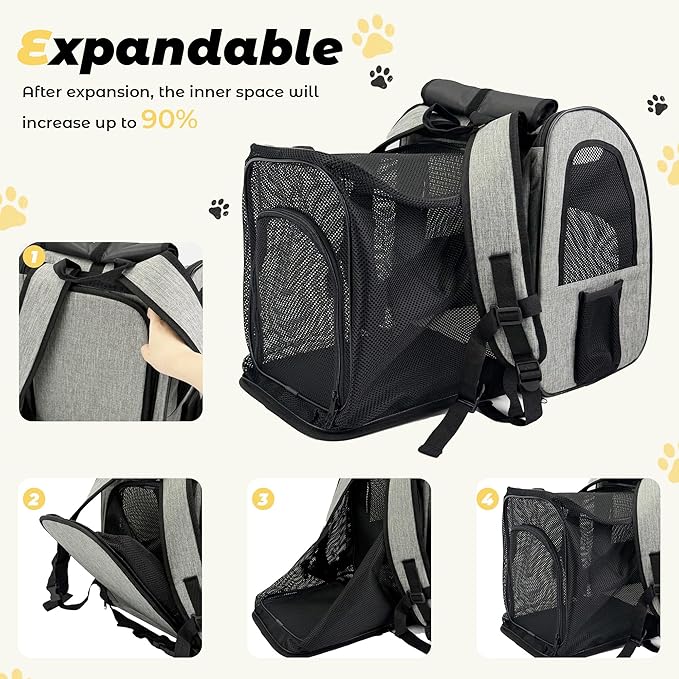 Zavothy Cat Backpack Carrier – Expandable Airline Approved Pet Travel Bag for Cats & Small Dogs, Breathable Mesh Pet Carrier Backpack with Padded Base (Grey)
