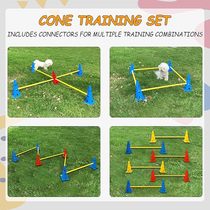 Dog Agility Hurdle Cone Set, Dog Agility Backyard Set Include Height cossbar Agility Rods, Dog Agility Equipment for Rehabilitation & Beginners(Blue+Orange+Yellow)
