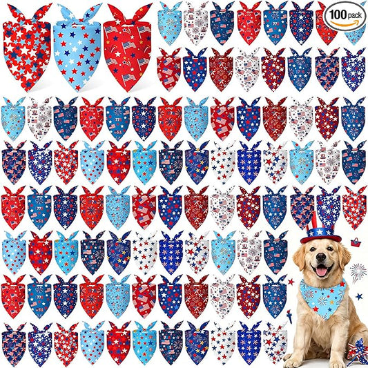 Abbylike 100 Pcs Patriotic Dog Bandanas Bulk 4th of July Bandanas for Dogs Star Triangle Kerchief Bib Scarf Set for Pet Independence Day 250th Anniversary Party Costume, 25 Styles(25.6 x 17.7 x 17.7)