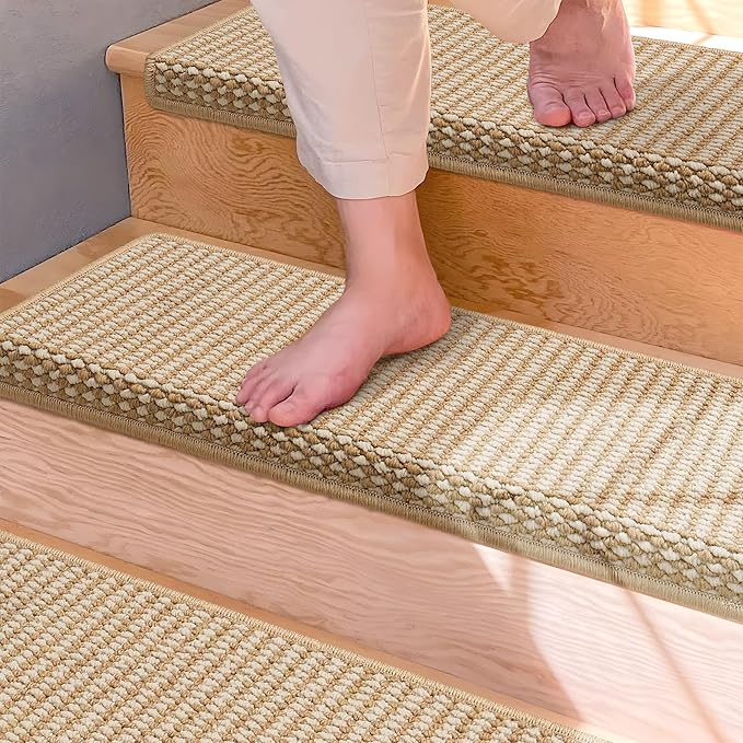 Brakki Bullnose Carpet Stair Treads, Stair Treads for Wooden Steps Indoor Runner and Pets, Non Slip Soft Edging Staircase Protectors, Washable, 29.5"x9.5"x1.5" 2pcs, Beige and Cream
