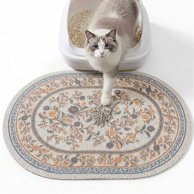 Bienbee Cat Litter Mat, 24" x 15" Litter Box Mat Rug with Non-Slip Bottom,Urine and Water Proof, Easy to Clean Cat Supplies Essentials for Indoor Kitty Kitten Floor, White Flowers M