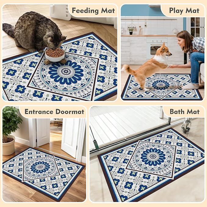 Bohemian Kitty Litter Mat 24"x17",Non-Slip Litter Box Mat, Washable Cat Litter Rug Catcher,Double-Layer Litter Trapping Mat for Scatter Control, Easy Clean Cat Food Mat & Floor Protector