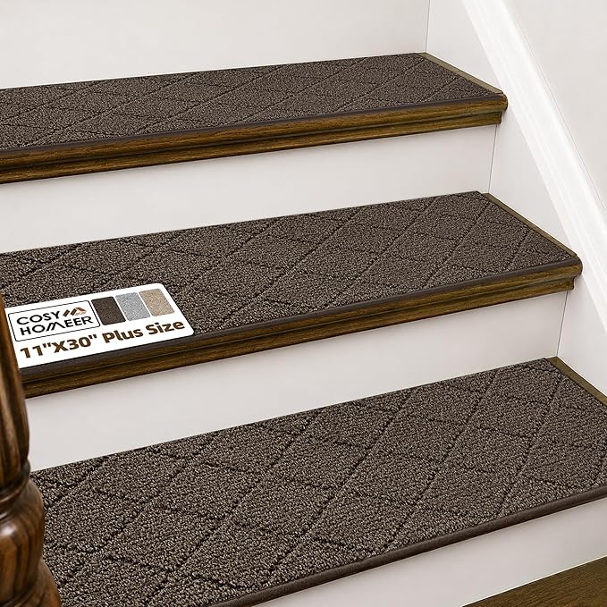 COSY HOMEER Stair Treads for Wooden Steps 11"x30" Washable Indoor Carpet Stair Treads Non Slip Soft Polyester Stair Carpet Tread Reusable Stair Runner Rugs for Kids, Elders,Pets,Brown,15pcs