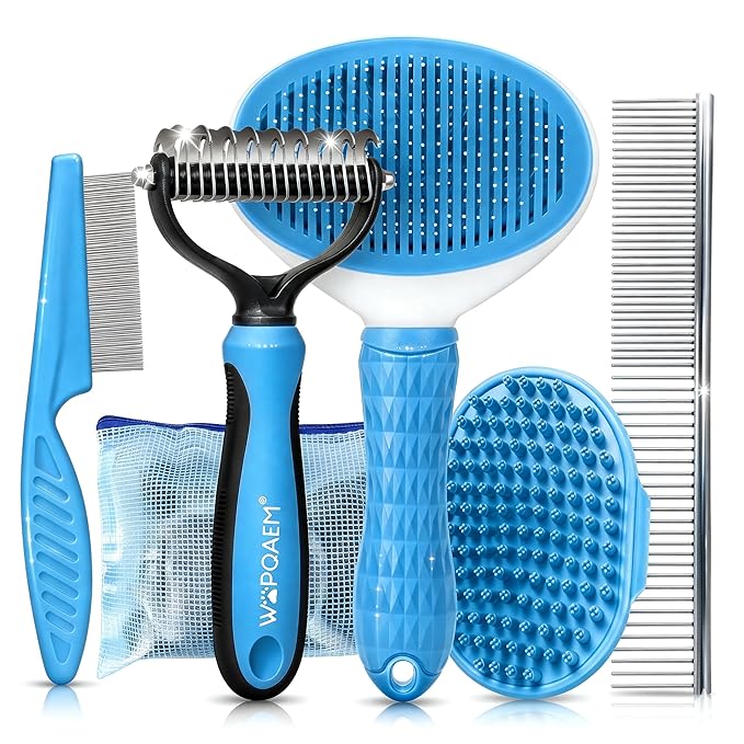 5-Piece Pet Grooming Kit for Dogs & Cats - Professional Deshedding, Detangling & Bathing Set for Long, Curly & Thick Coats - Blue