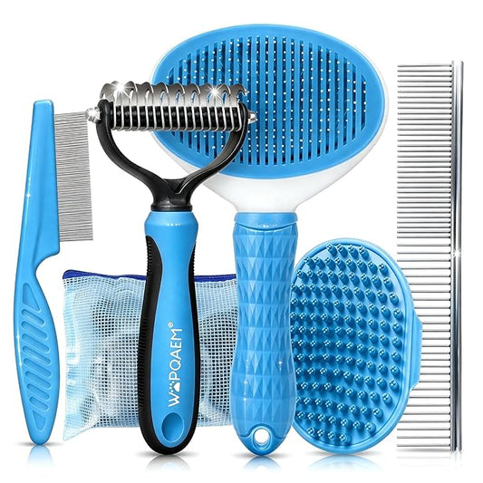 5-Piece Pet Grooming Kit for Dogs & Cats - Professional Deshedding, Detangling & Bathing Set for Long, Curly & Thick Coats - Blue