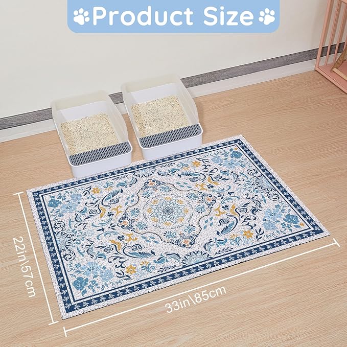 Cat Litter Mat Trapping Rug 33"x22", Large Litter Box Mat for Floor, Non-Slip Waterproof Backing, Soft Mesh Easy to Clean Pet Mat for Cat, Blue Yellow