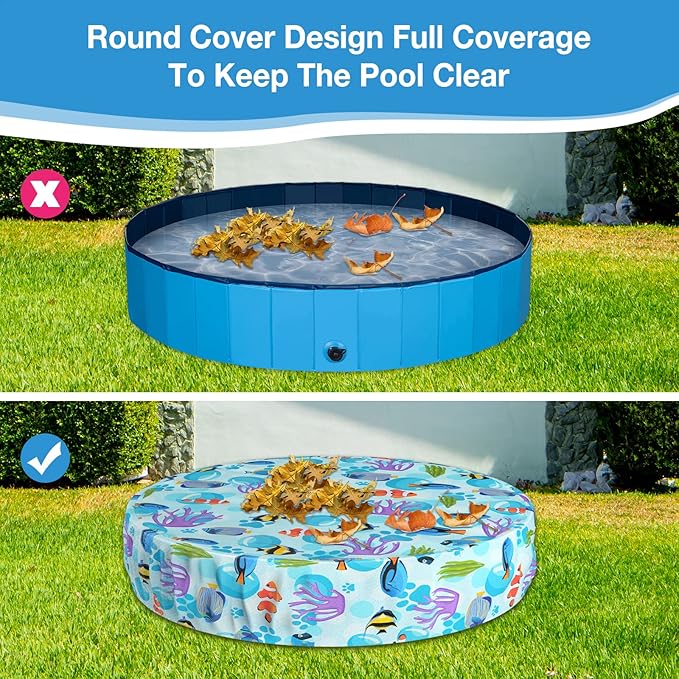 Foldable Round Dog Swimming Pool Cover, for 32 "/63“/48” Collapsible Outdoor Tub, PVC Coating Waterproof and UV Protection, Leakproof Washable Kiddie Pet Small Paddling Bath Accessories