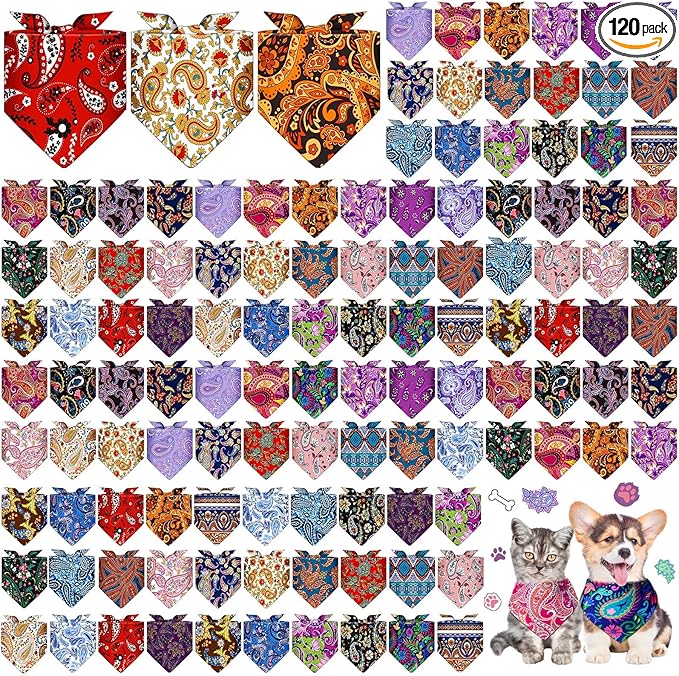 Sanwuta 120 Pcs Paisley Dog Bandanas Bulk Paisley Bandanas for Dogs Adjustable Washable Pet Scarf for Small and Medium Pets, 30 Styles