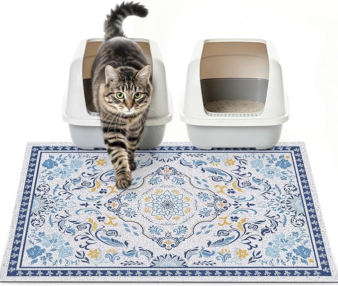 Cat Litter Mat Trapping Rug 33"x22", Large Litter Box Mat for Floor, Non-Slip Waterproof Backing, Soft Mesh Easy to Clean Pet Mat for Cat, Blue Yellow