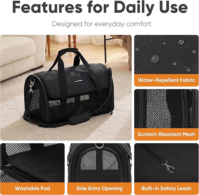 FUKUMARU Cat Carrier, Light & Airy Pet Carrier, 18x11x11 Airline Approved Dog Carrier for Small Dogs, Collapsible Soft Cat Travel Carrier with Anti-Scratch Mesh, Black
