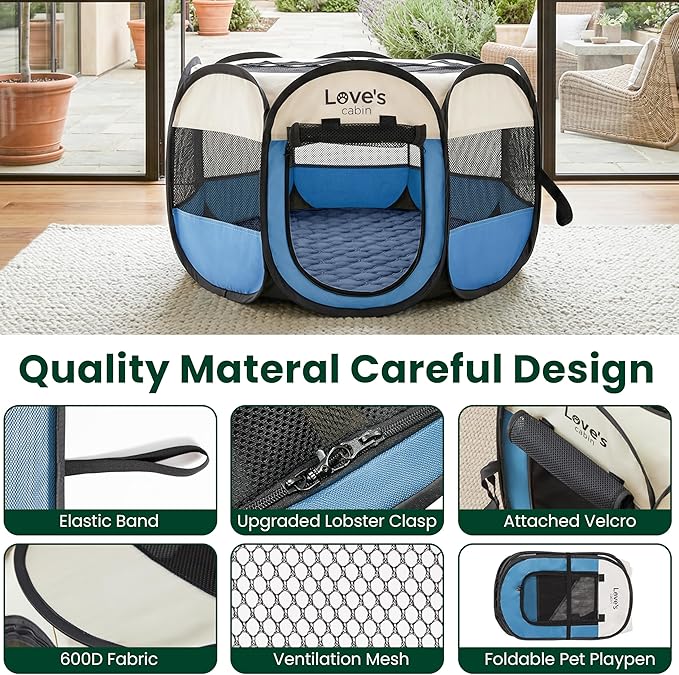 Love's cabin Dog Playpen with Washable Pee Pad, Puppy Pet Cat Playpen Small Dogs Tent Crate Indoor/Outdoor, Portable Pop Up Kennel with Carrying Case for Cats/Rabbits(Blue,Small with pad)