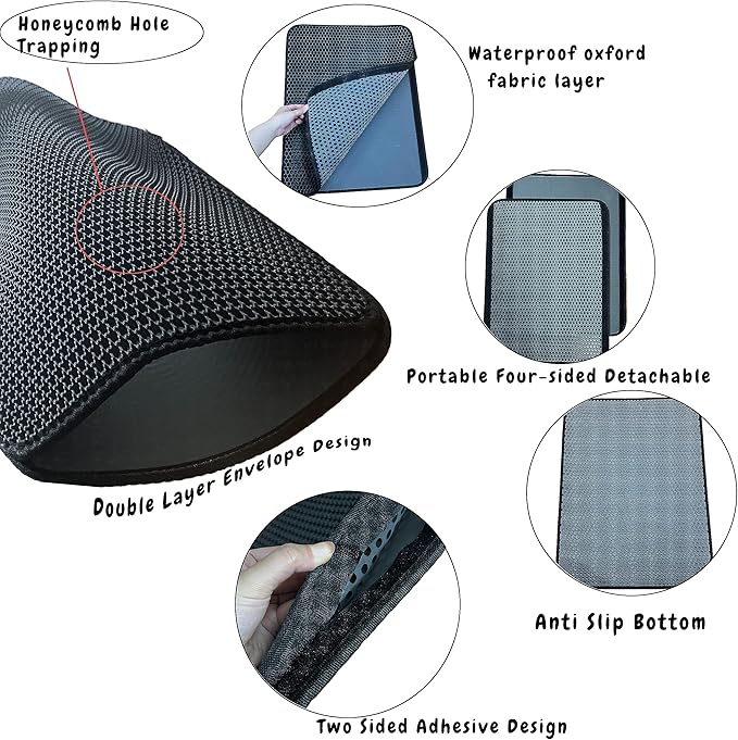 Cat Litter Mat, Honeycomb Double Layer Litter Trapping Mat, 18" x 24" Kitten Litter Box Pad, Waterproof Urine Proof, Washable Easy Clean (Black)