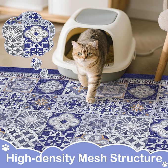 Cat Litter Mat Trapping Rug 33"x22", Large Litter Box Mat for Floor, Non-Slip Waterproof Backing, Soft Mesh Easy to Clean Pet Mat for Cat Blue