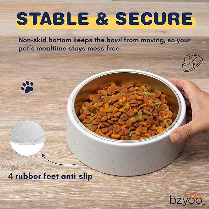 bzyoo 32oz 4CUP Dog & Cat Bowl, Sprinkle Design, Hygienic 304 Stainless Steel Pet Bowl with Removable Inner Bowl, Non-Slip Silicone Base, Dishwasher Safe, for Dry/Wet/Raw Food & Water (White)